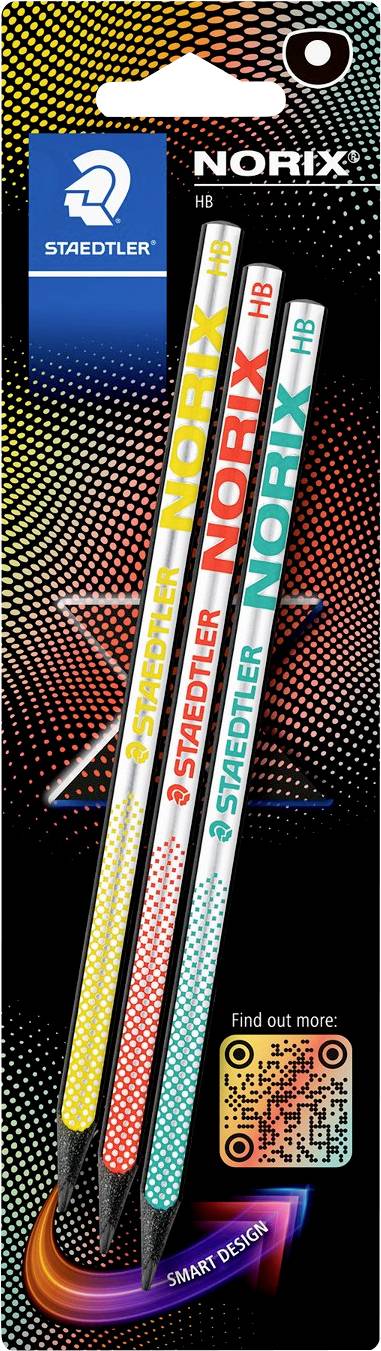 Package of three Staedtler Noris HB pencils with colorful patterns and brand logo. Includes a QR code for more information.