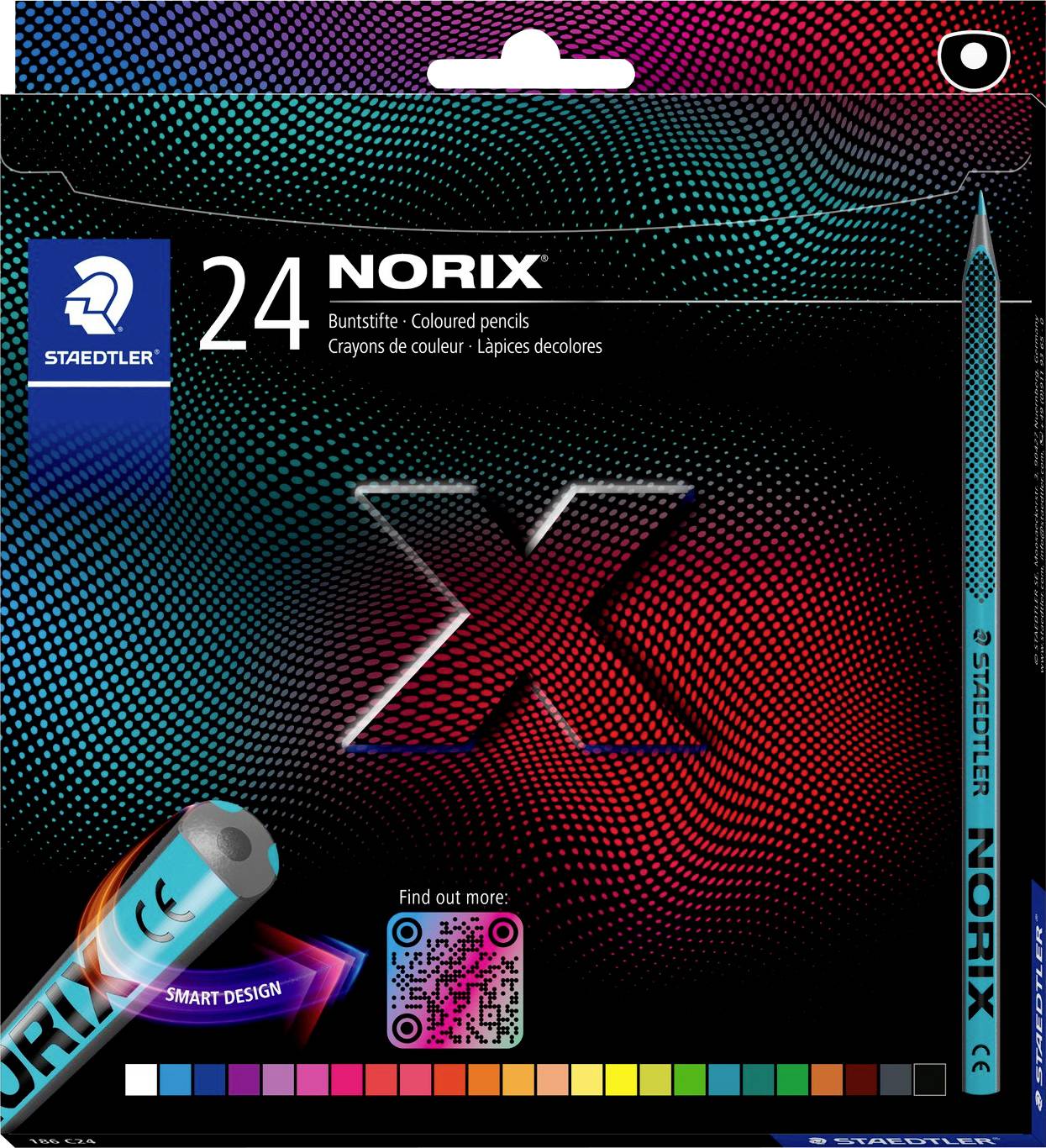 Packaging for 'STAEDTLER Noris X' colored pencils, featuring vibrant digital art. Includes product name, pencil image, and QR code.