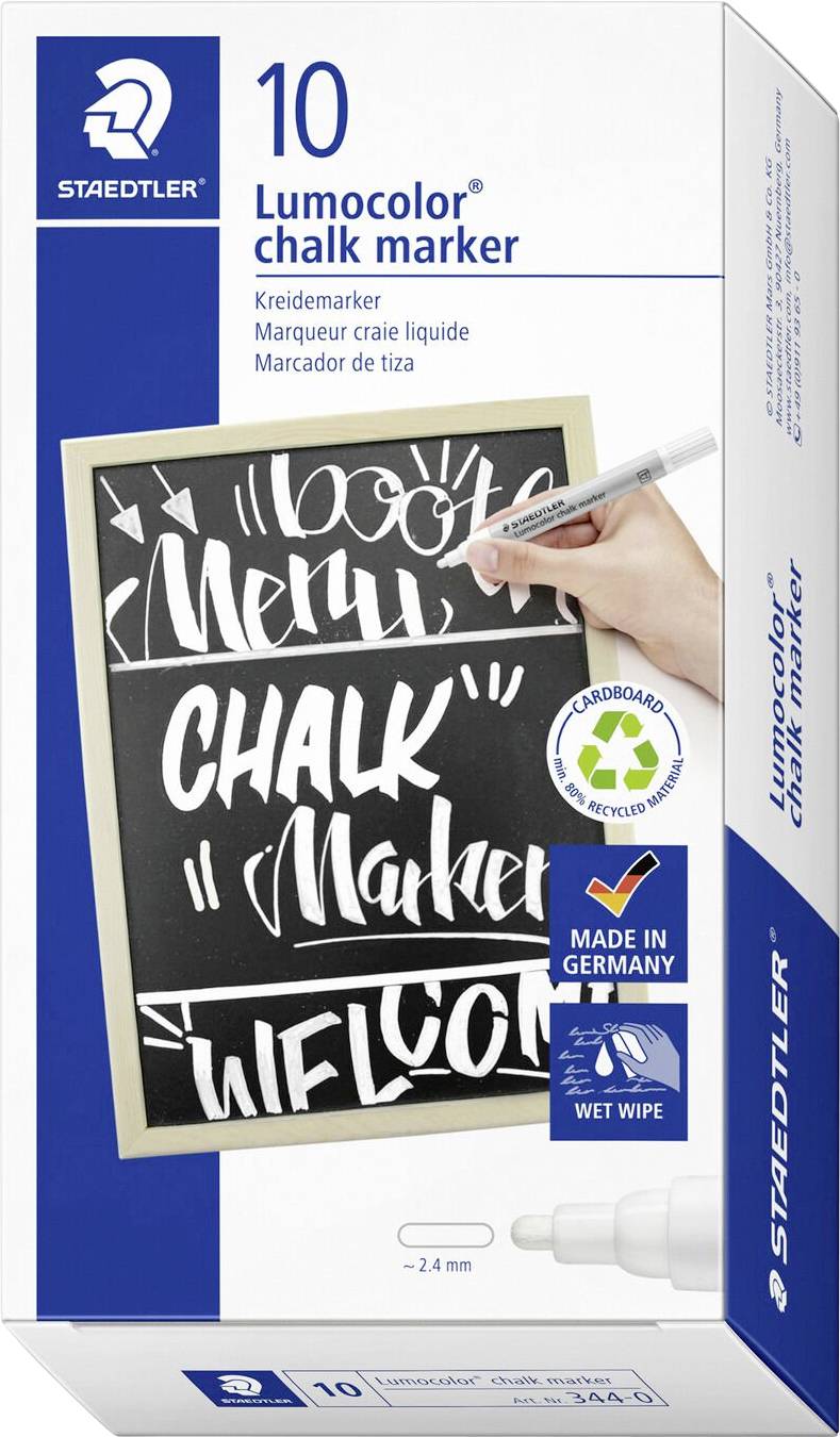 Box of Staedtler Lumocolor chalk markers showing a hand writing 'Chalk Marker' on a black chalkboard. Made in Germany, wet wipe feature.