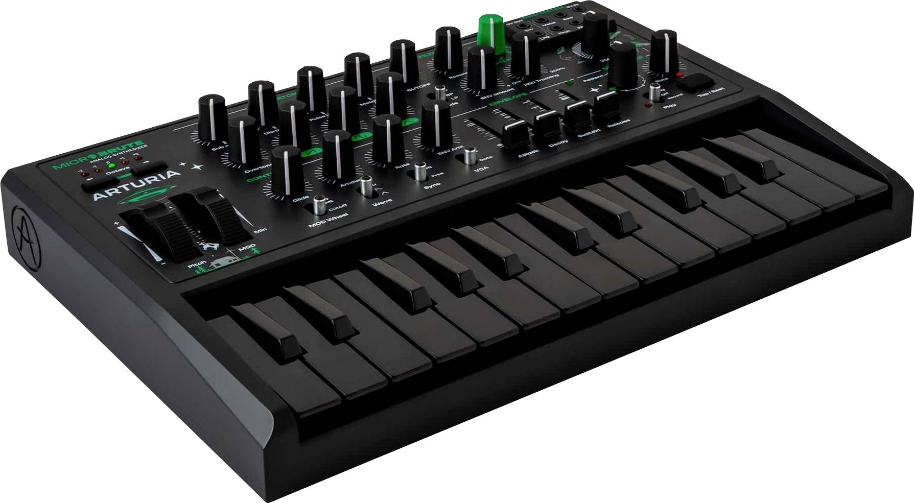 A black synthesizer keyboard with various knobs and buttons, labeled 'Arturia.'