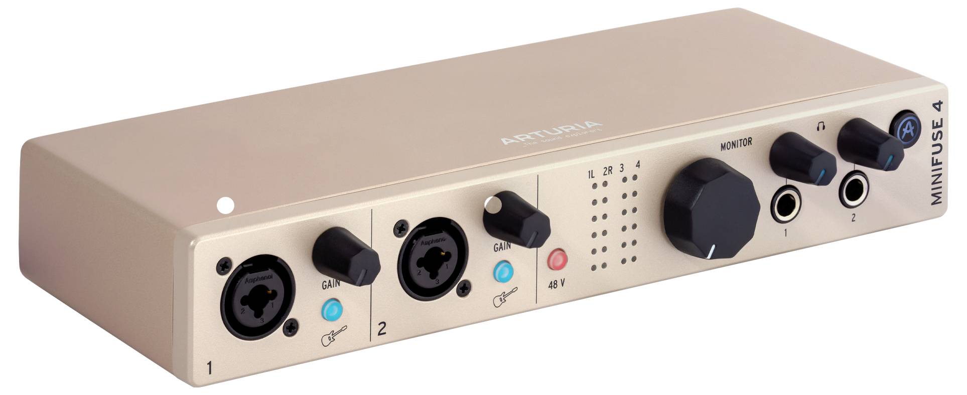 'Arturia MiniFuse 4 audio interface,' showing front panel with input and control knobs, dual XLR/TRS inputs, and headphone outputs.