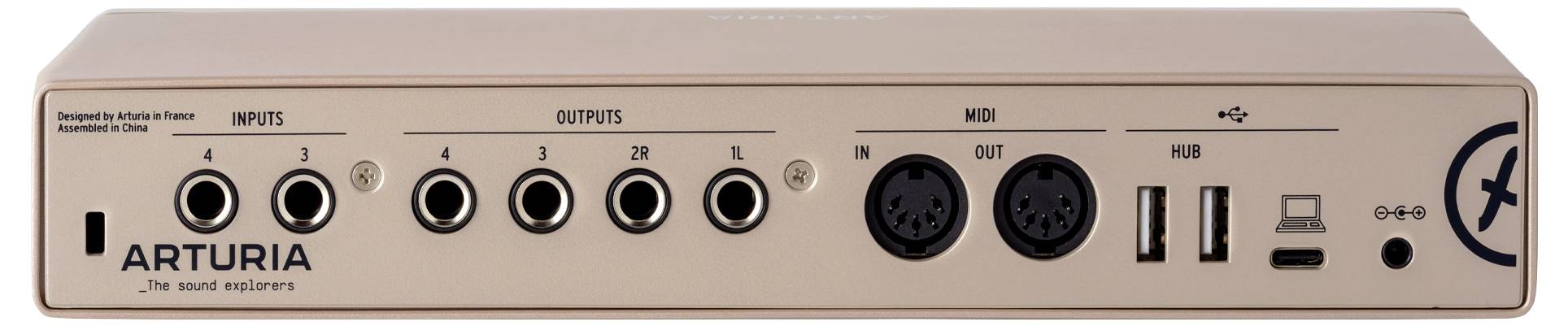 A beige Arturia audio interface with inputs, outputs, MIDI in/out, and USB connections on the back panel.
