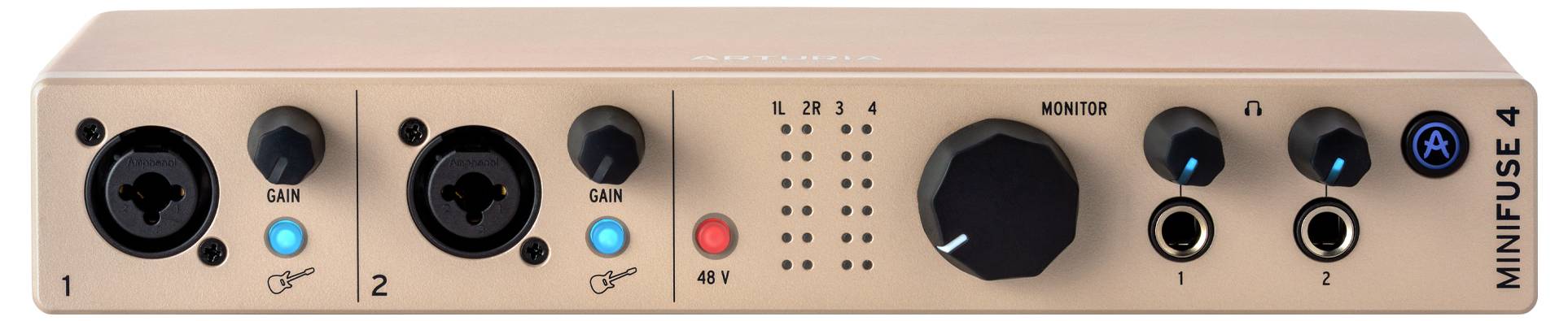 Audio interface with input knobs, gain controls, and output monitoring options. Model name 'Minifuse 4' is visible on the device.