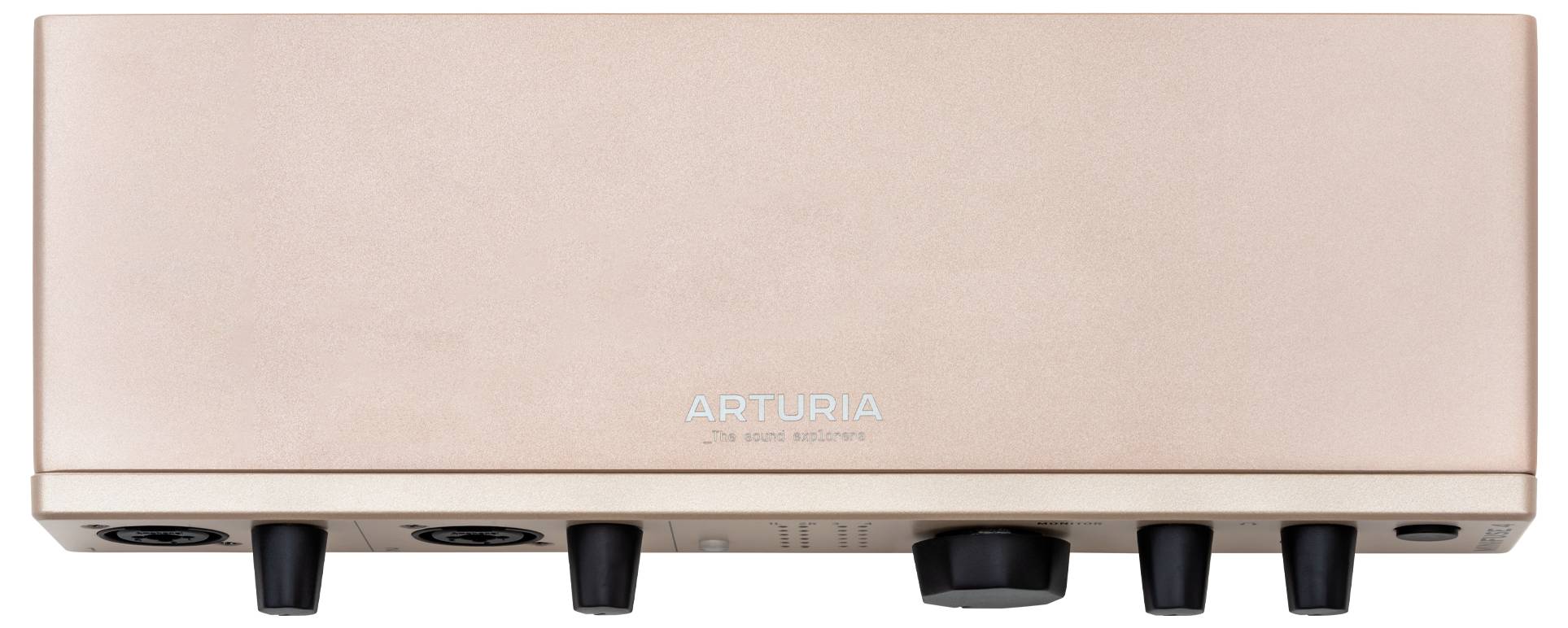 A metallic audio interface with 'Arturia' branding on the front, featuring multiple knobs and input ports for sound control and connections.