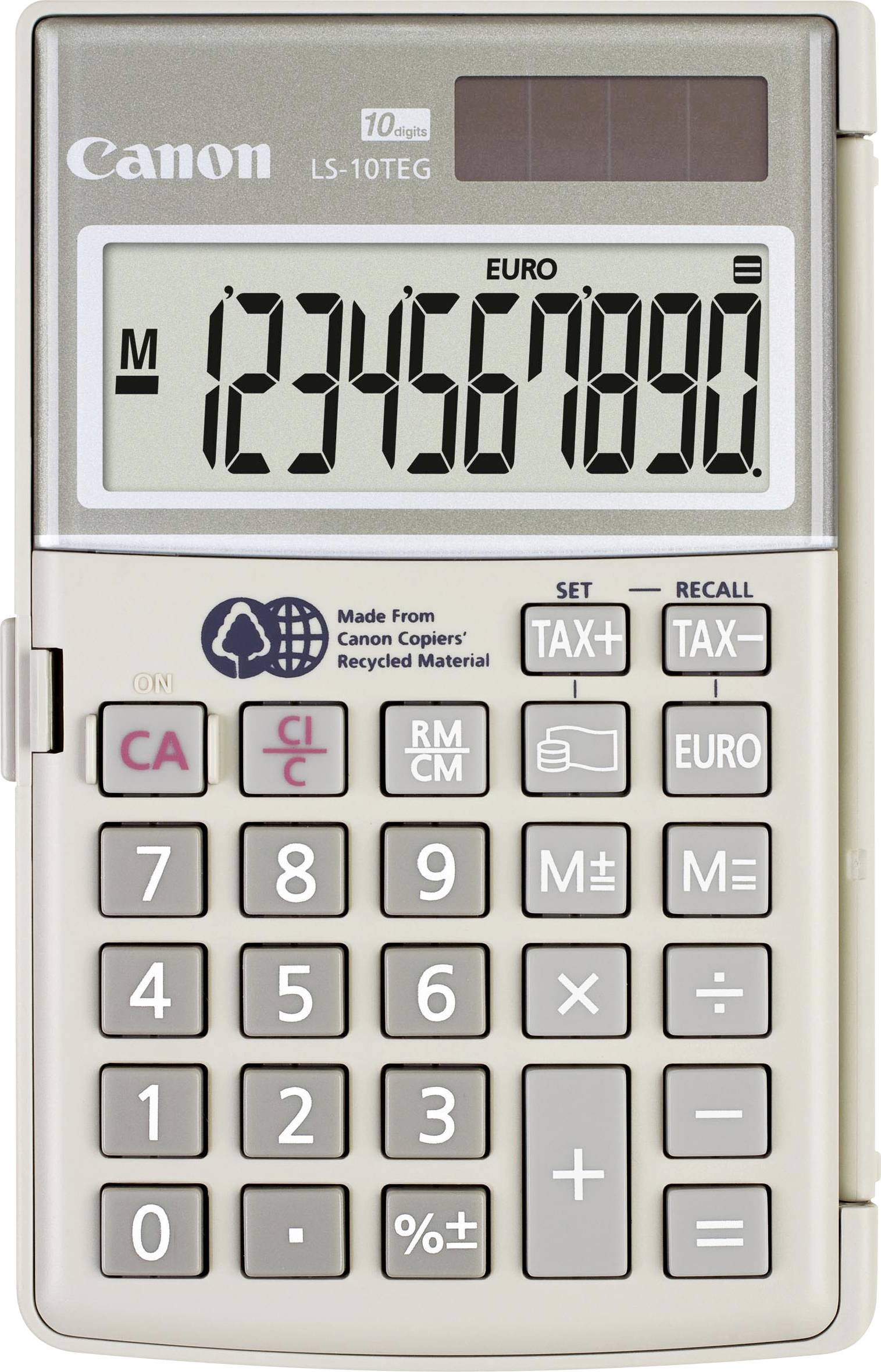 A calculator with a large display showing numbers '1234567890', various function buttons, and labeled 'Canon LS-10TEG'.