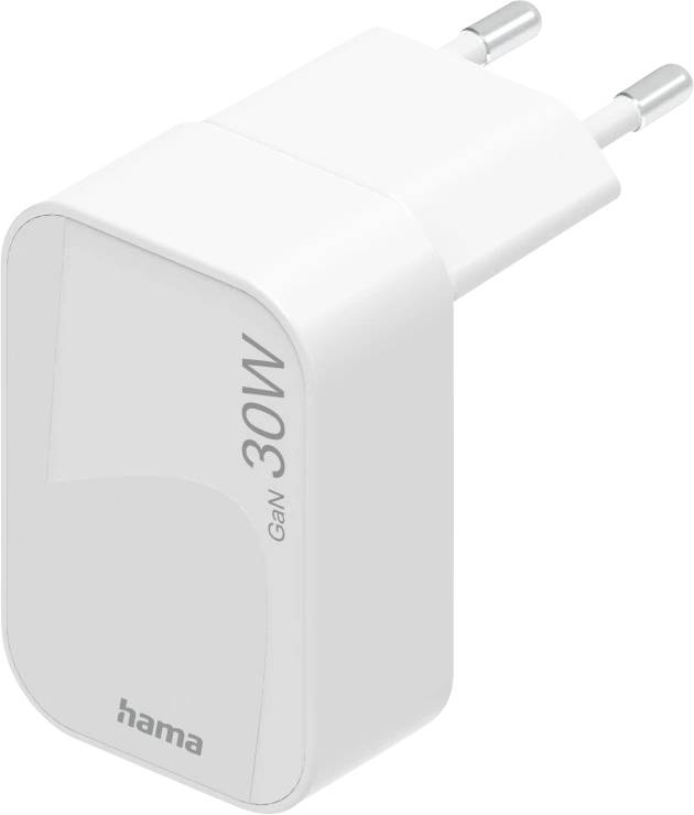White 30W GaN wall charger with European plug, featuring 'hama' brand and sleek design for efficient charging.