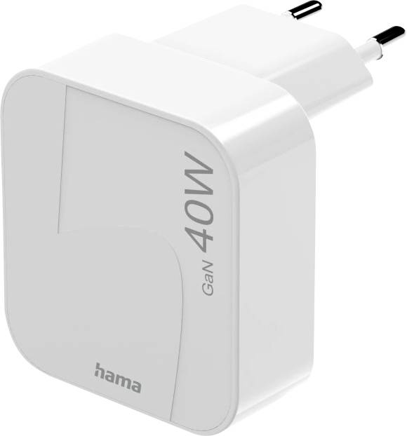 A white 40W Hama GaN charger with a European plug, designed for efficient power delivery.