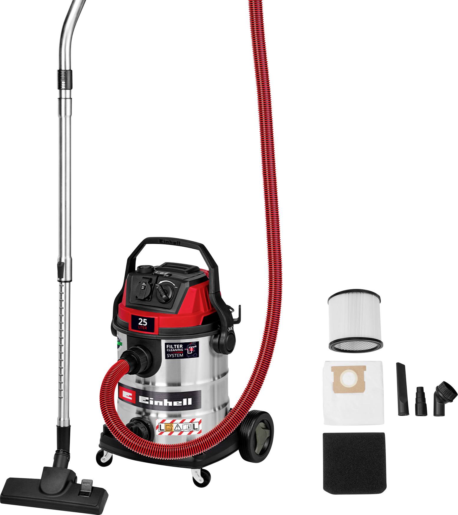 A wet/dry vacuum cleaner with a red hose and silver body is shown. Accessories include a filter and various attachments placed beside it.