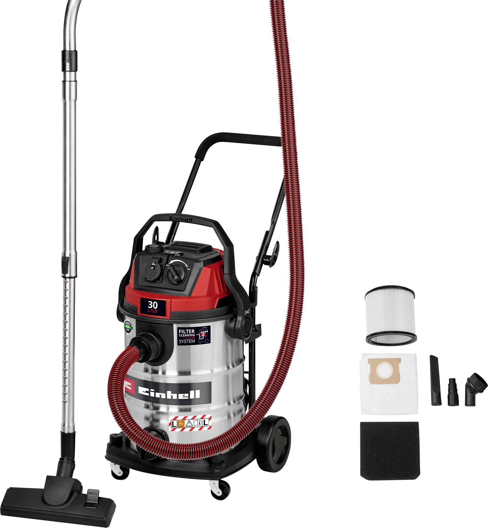 A stainless steel wet and dry vacuum cleaner with red hose, on wheels. Accessories shown include filters, nozzles, and a dust bag.