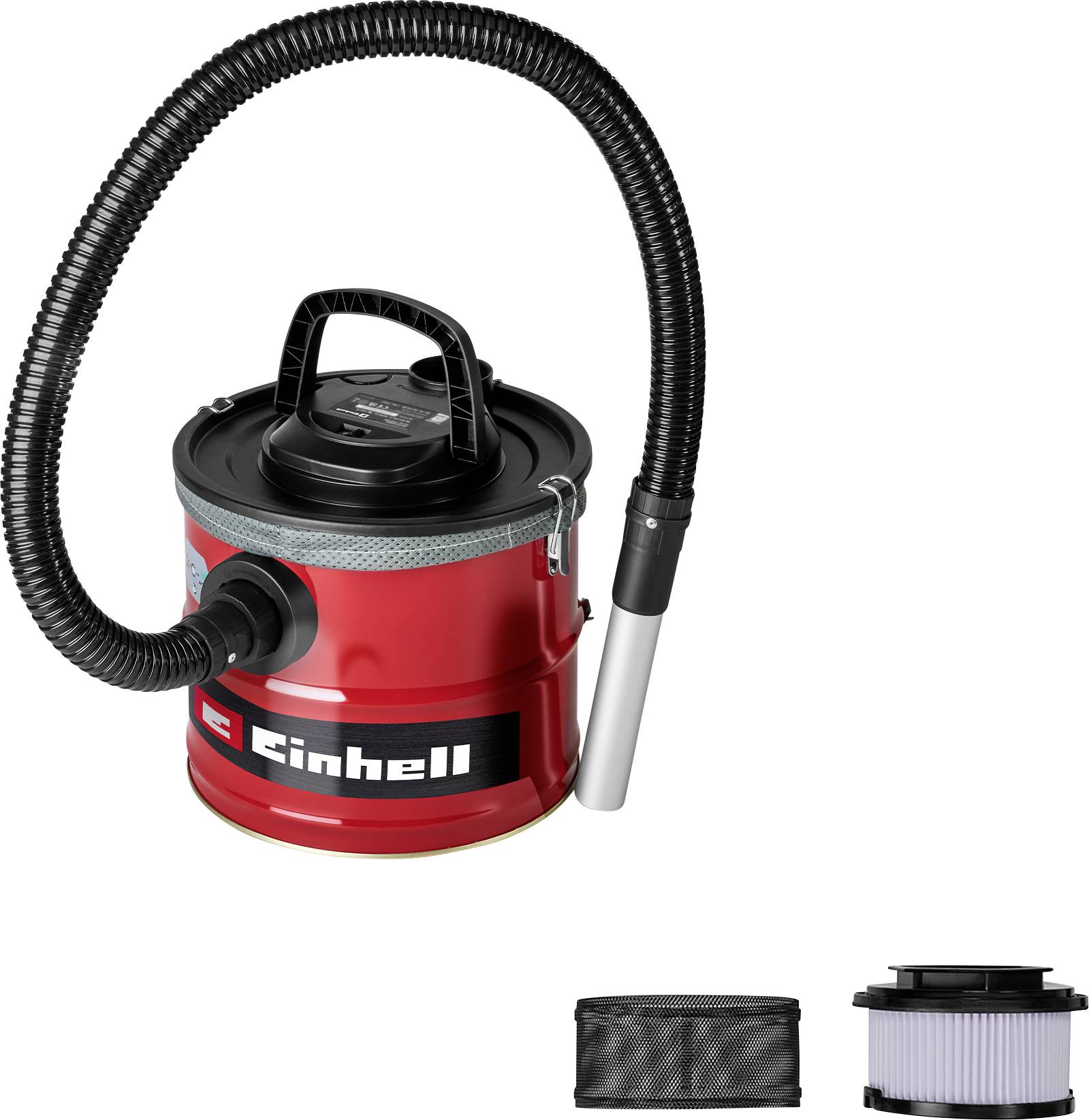Red canister vacuum with black hose and handle, labeled 'Einhell'. Includes two filters shown separately below the vacuum.