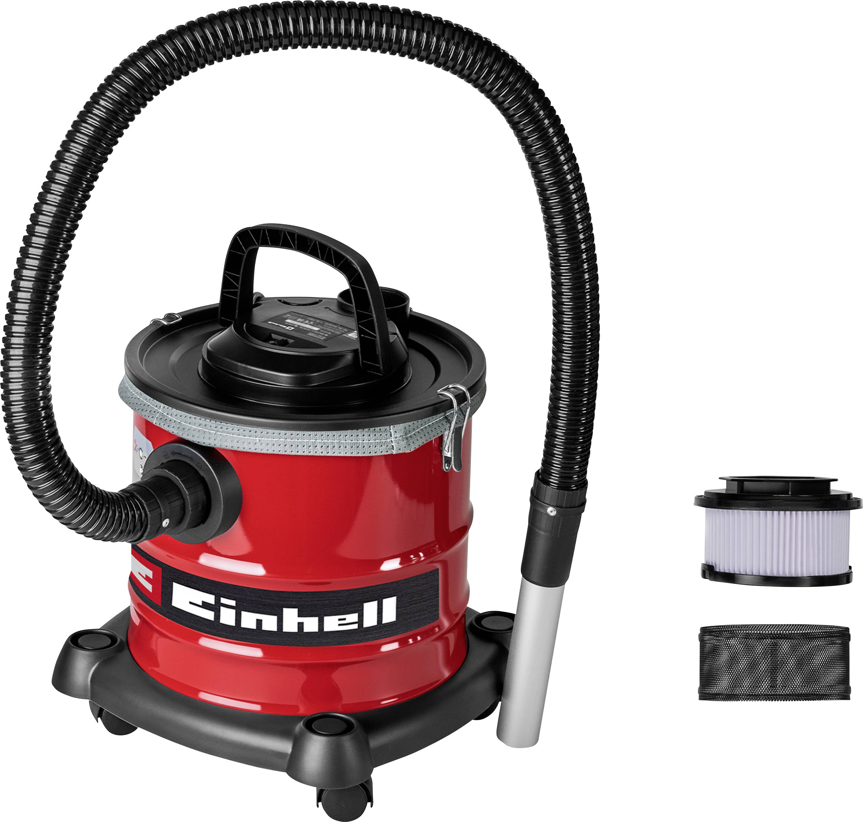 Red vacuum cleaner with black hose and handle, labeled 'Einhell'. Includes additional filter and dust bag shown beside it.