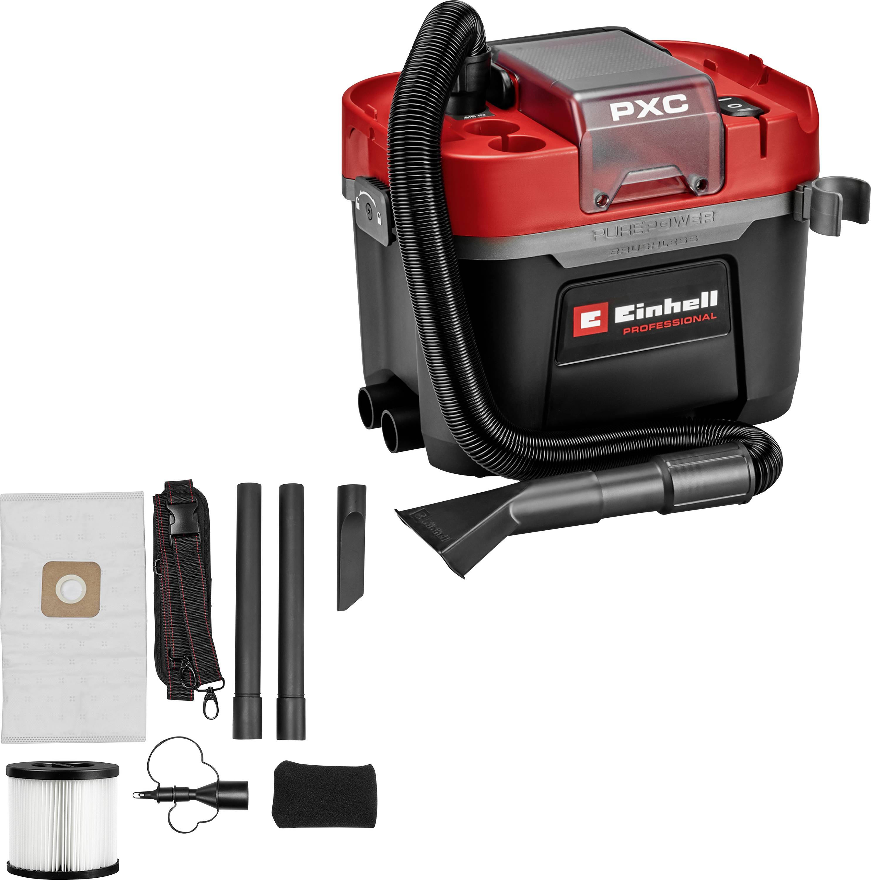 Portable vacuum cleaner with a red and black design, flexible hose, and various accessories including filters and extension tubes.
