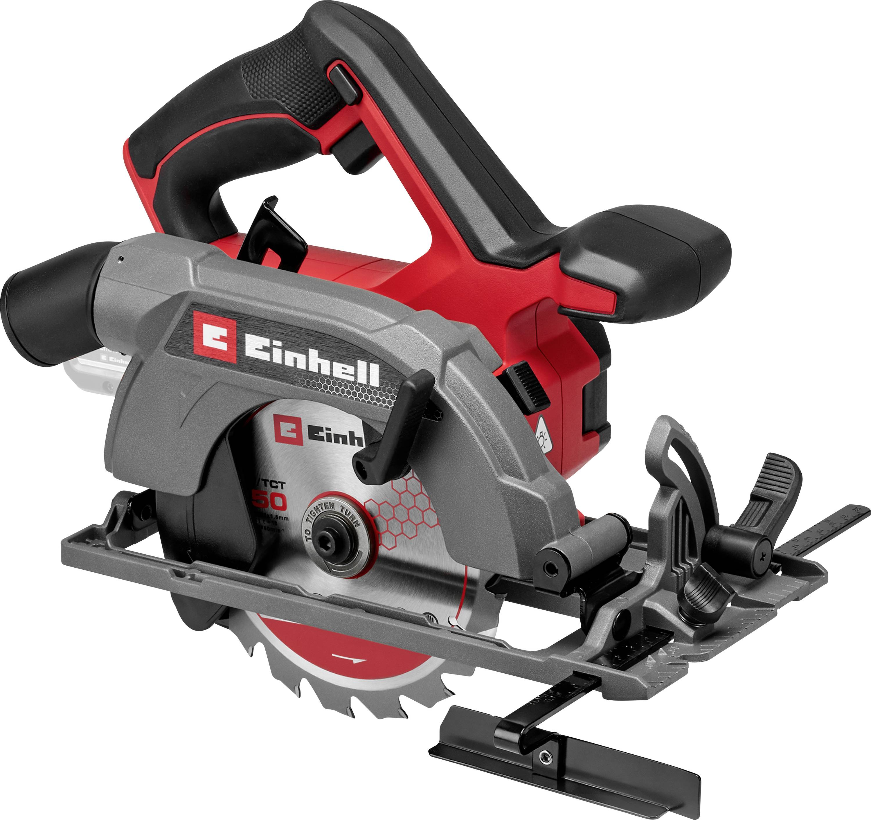 A red and black circular saw with the brand name 'Einhell' on its body, featuring a sharp blade and adjustable base for precise cutting.