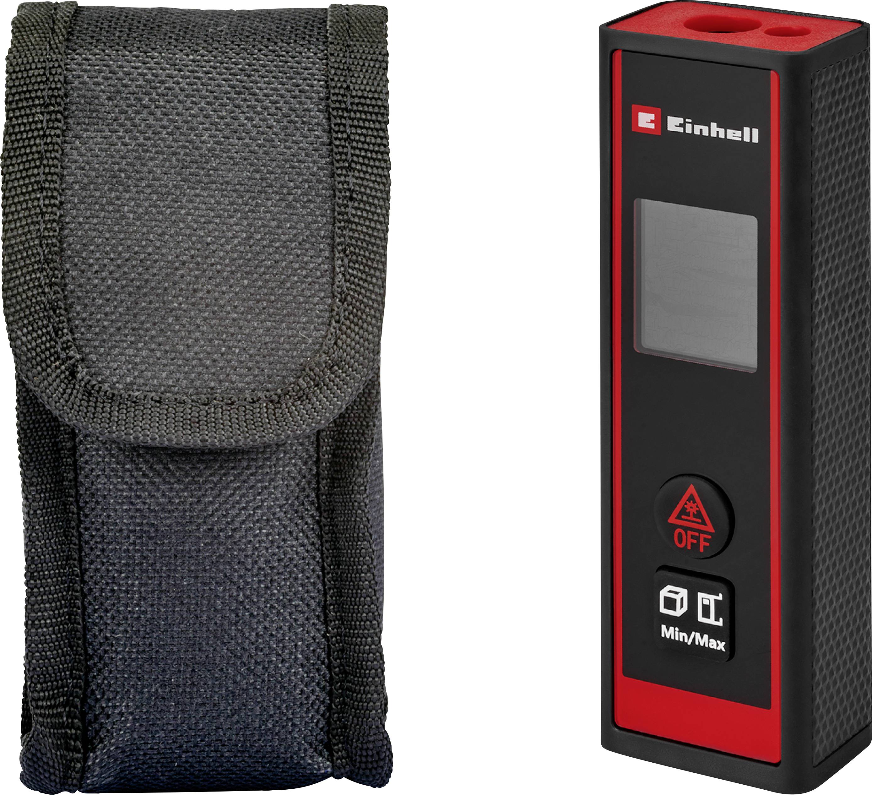'Einhall laser distance measurer and black carrying case; device features an LCD screen with 