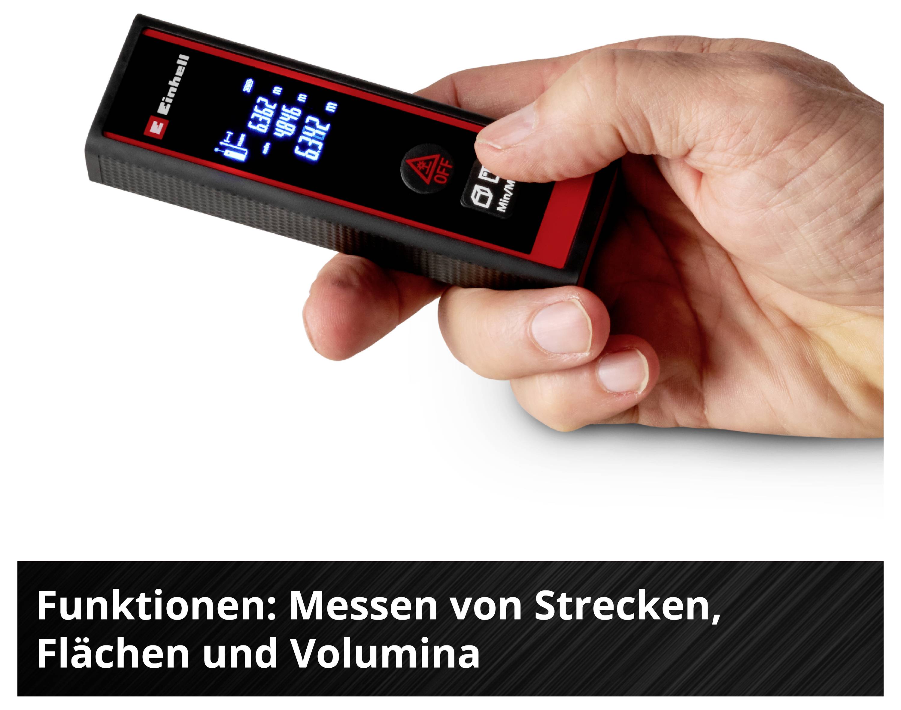 A hand holds a digital laser measuring device. The display shows measurement values. Text underneath: 'Functions: Measuring distances, areas and volumes'.