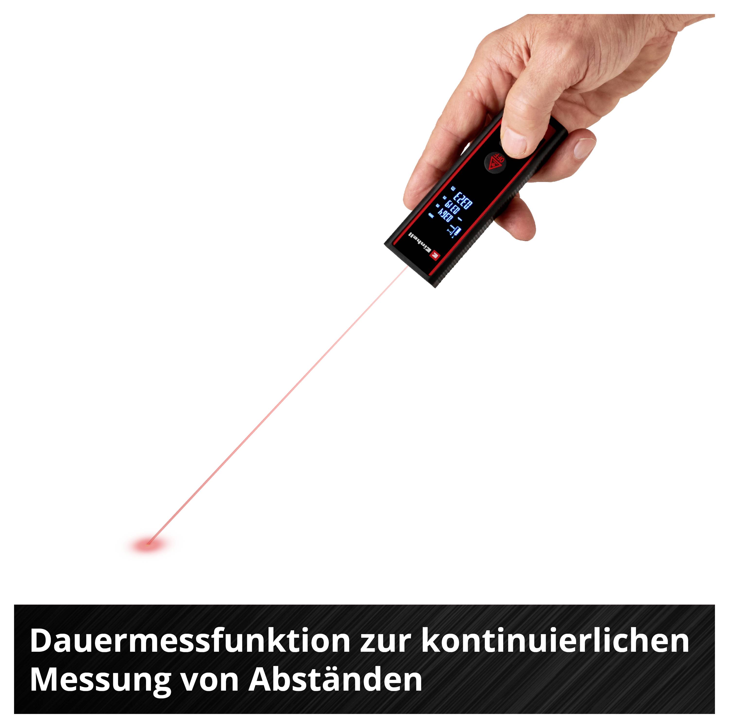A hand holds a laser distance metre, directing a red laser beam onto the ground. Text below: 'Continuous measurement function for ongoing distance measurements'.
