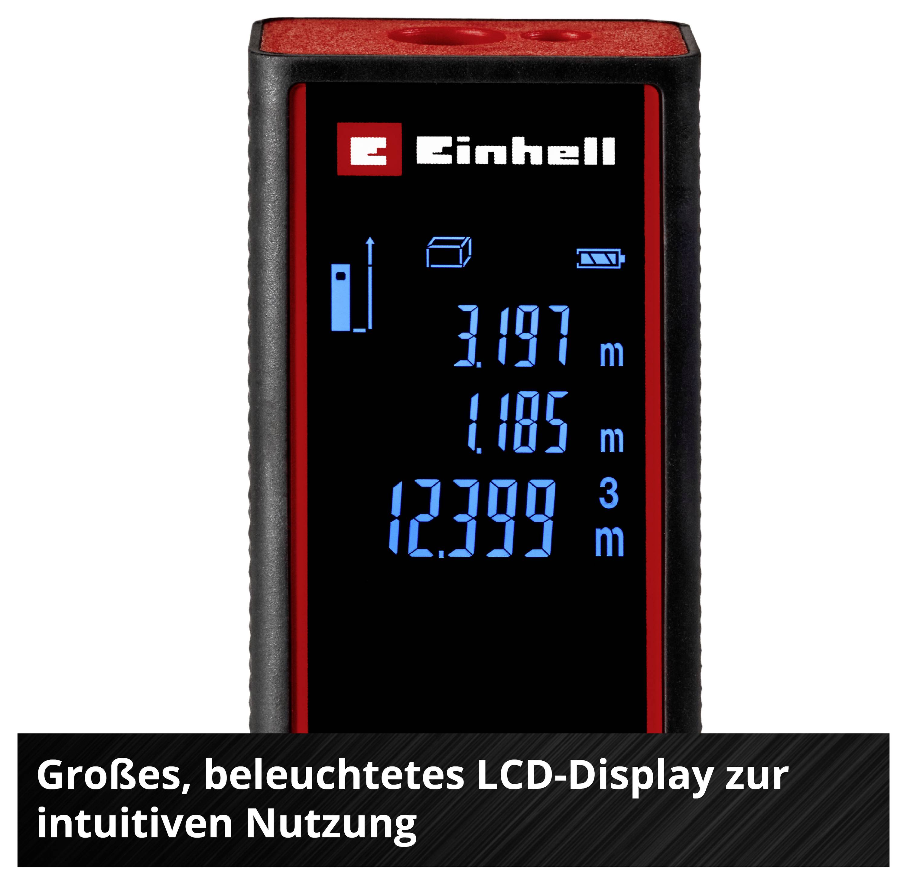 Laser distance measure with large, illuminated LCD display shows measurement values in metres. Einhell logo positioned on top of the device.