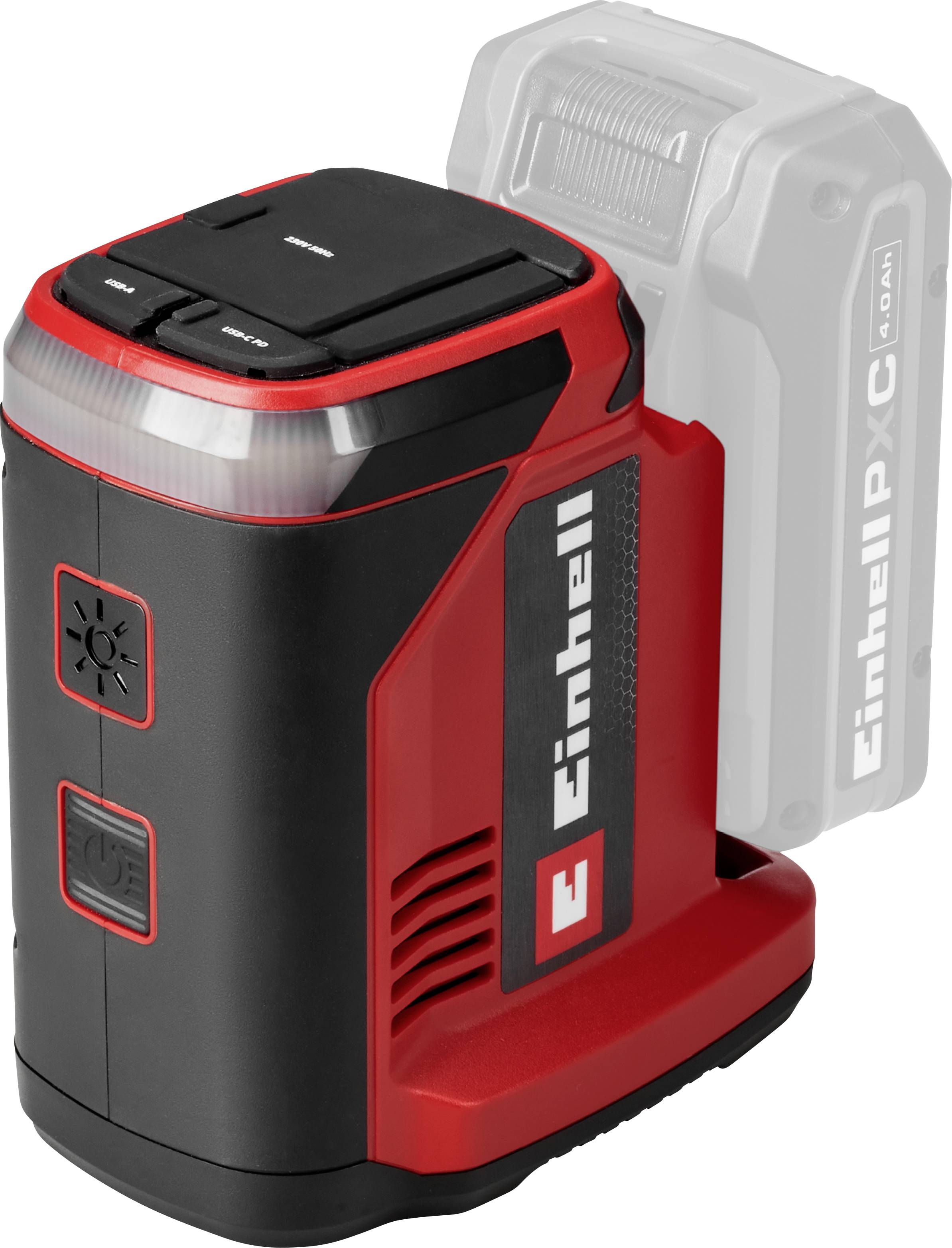 A red and black portable LED work light with a large power button, designed for use with detachable batteries, shown in a standing position.