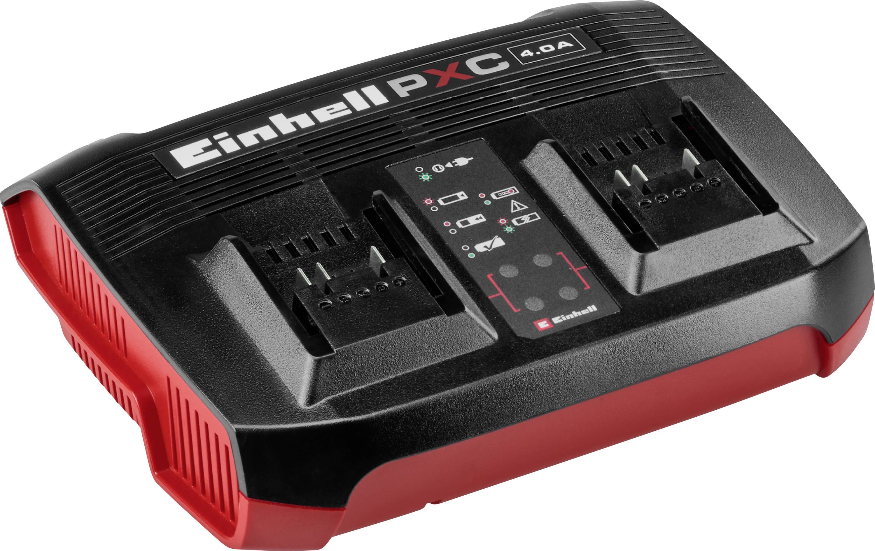 A dual-slot battery charger labeled 'Einhell PXC 4.0 A' with lights indicating charging status, featuring red and black design elements.