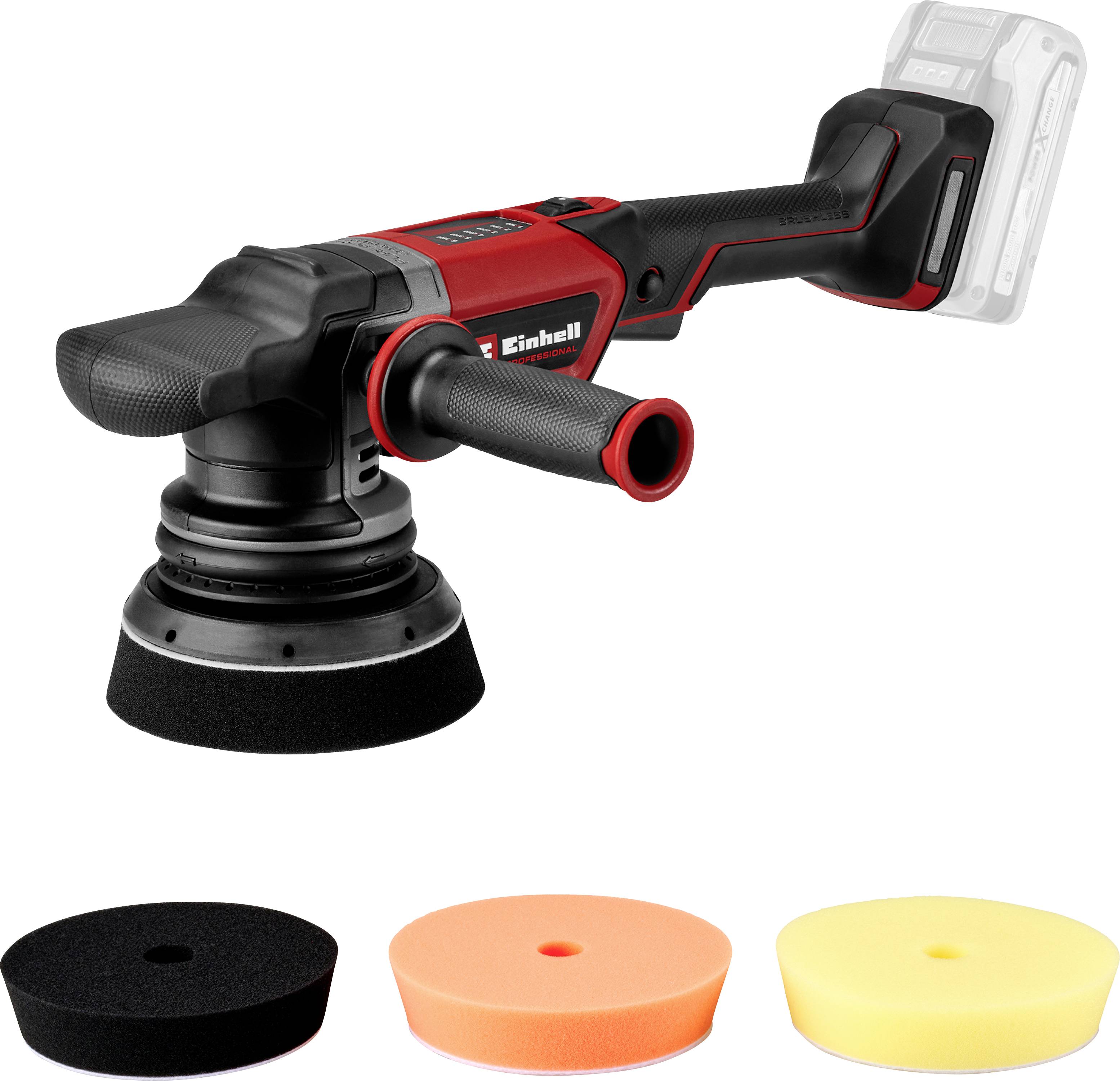 A red and black cordless rotary polisher with three foam pads in black, orange, and yellow. The battery is not attached.