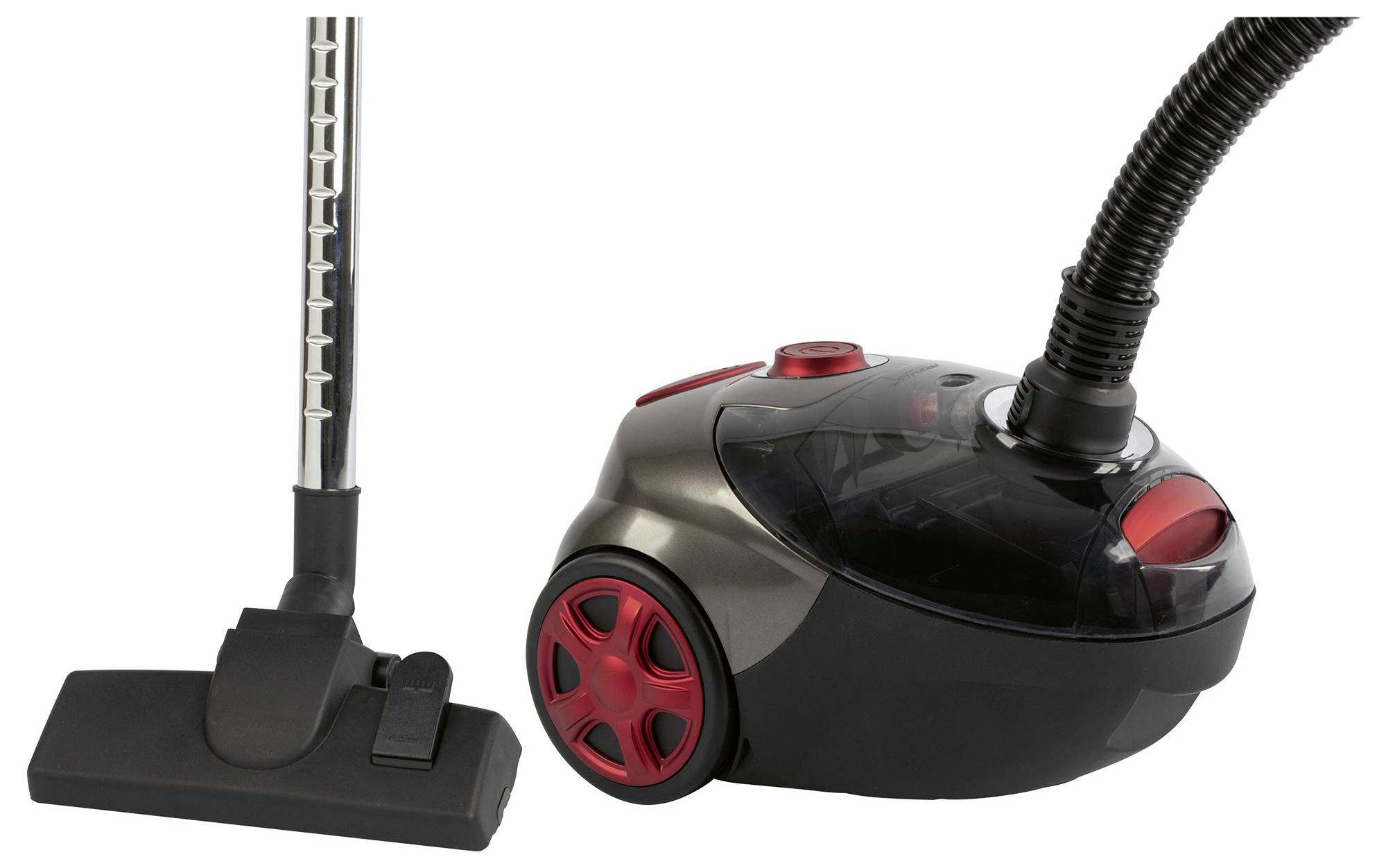 A black and red canister vacuum cleaner with a metal tube and a flat floor attachment, designed for home cleaning tasks.