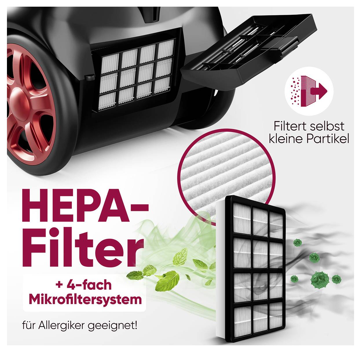 HEPA filter with 4-stage micro-filter system, suitable for allergy sufferers. Filters even small particles. Image shows filter and particles.