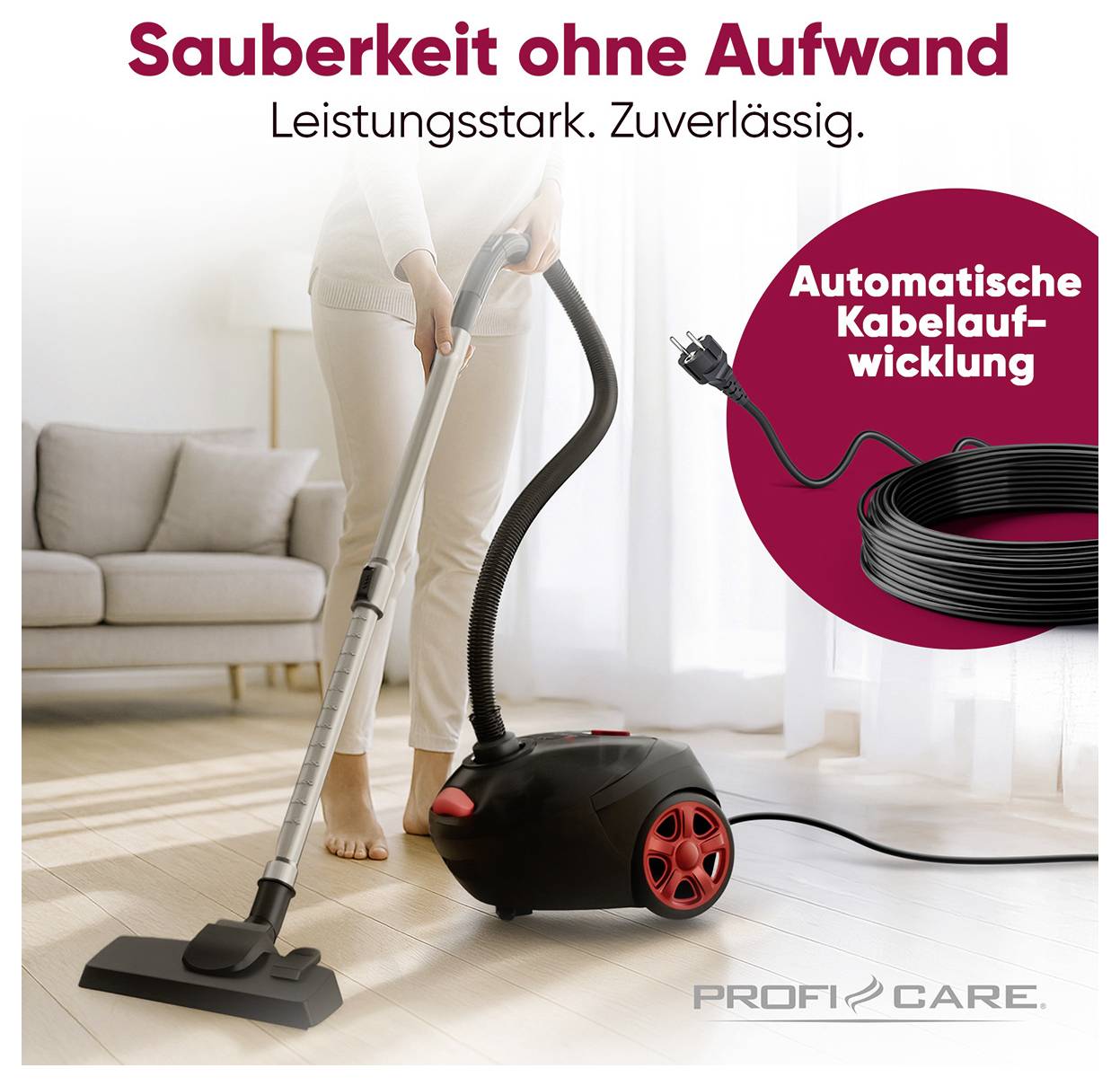 A person is vacuuming a carpet in a living room. The vacuum cleaner has an automatic cable rewind. Text: 'Cleanliness without effort. Powerful. Reliable.'