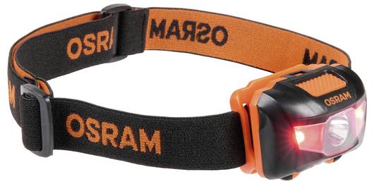 A black and orange headlamp with an adjustable strap features two bright LED lights. The 'OSRAM' logo is printed on the strap and lamp.