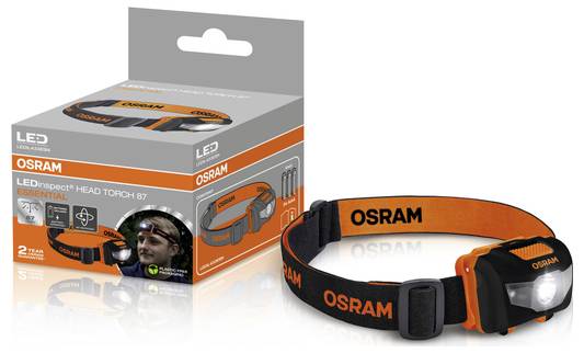 OSRAM LED head torch, model LEDinspect Head Torch 87, in black and orange. The package includes the torch and two rechargeable batteries.
