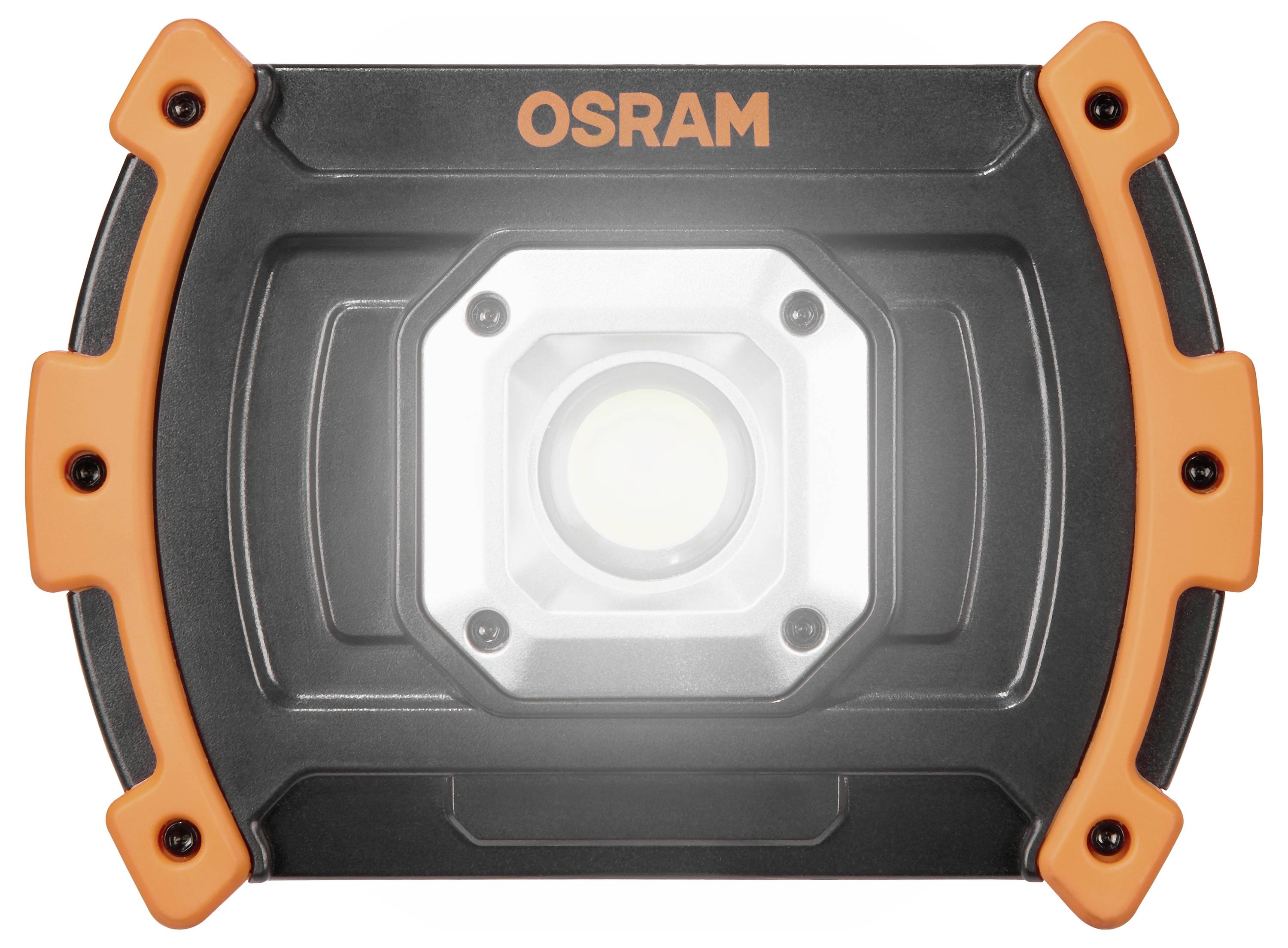 A portable LED work light with a black and orange casing labeled 'OSRAM' on the top.