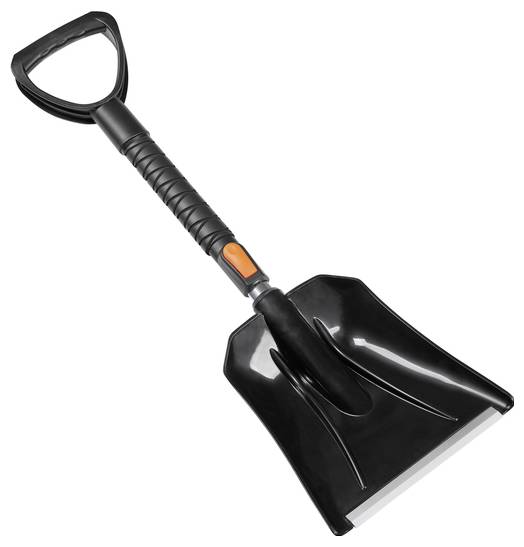 A black plastic shovel with an ergonomic handle and wide blade, designed for moving snow or dirt, displayed on a white background.