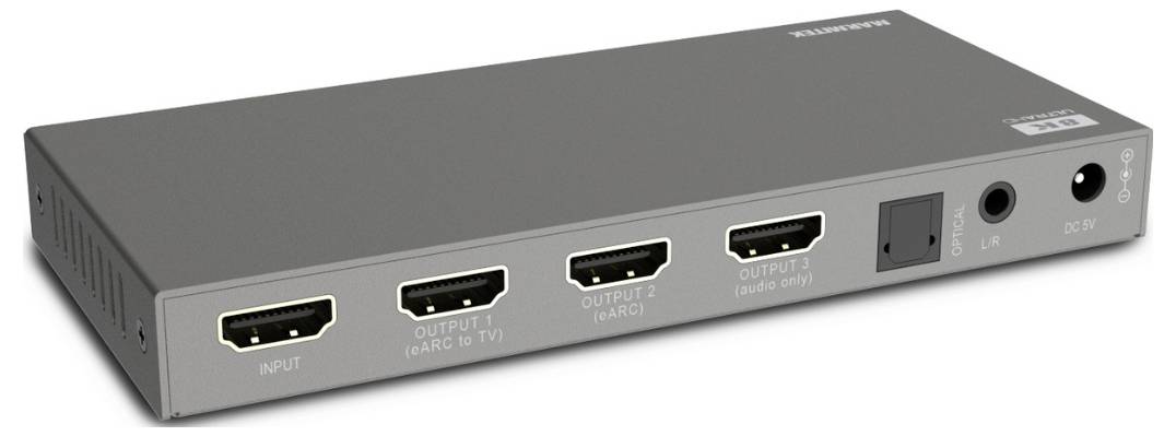 A rectangular HDMI switch with one input and three outputs for distributing video signals, labeled 'OUTPUT 1', 'OUTPUT 2', and 'OUTPUT 3'.