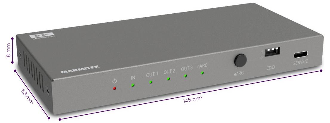 A gray electronic device labeled 'MARANTEK' with multiple ports and indicator lights, measuring 145 mm wide, 89 mm deep, and 18 mm high.