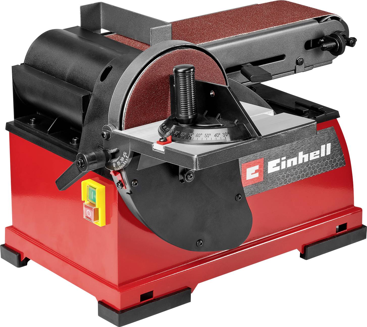 A red and black belt and disc sander machine, featuring controls and sanding surfaces. Einstein logo present. Used for smoothing materials.