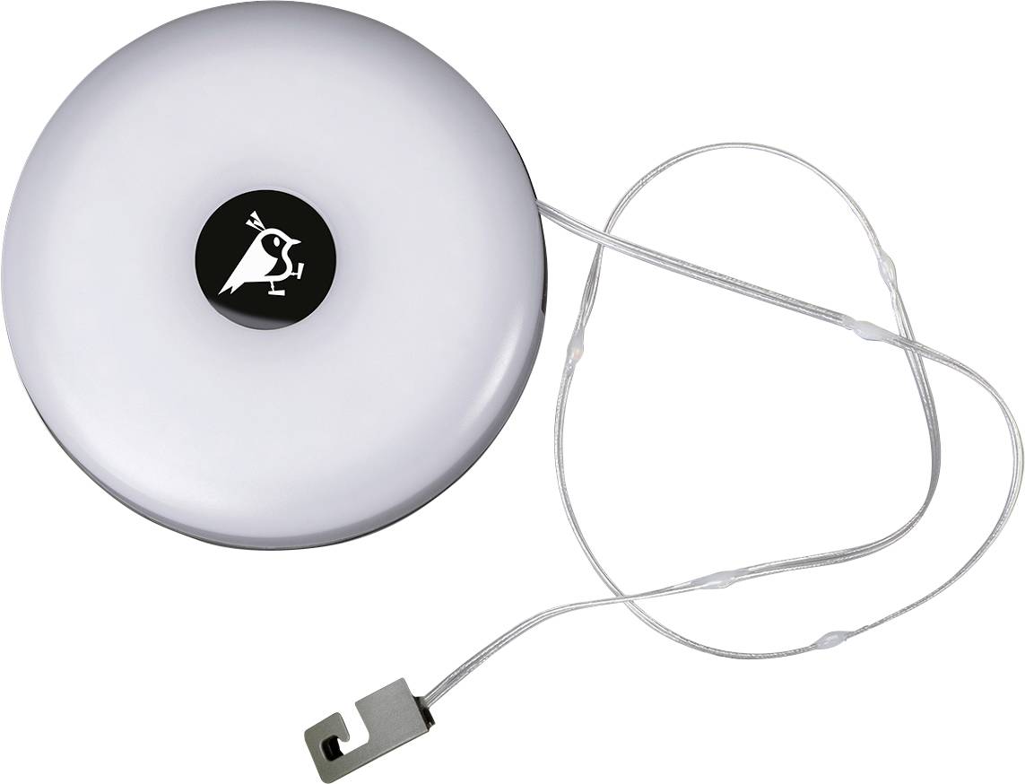 'Auris Door Bird' doorbell, oval design, white surface, logo with bird and letter 'W' at center, attached metal wire with hook.