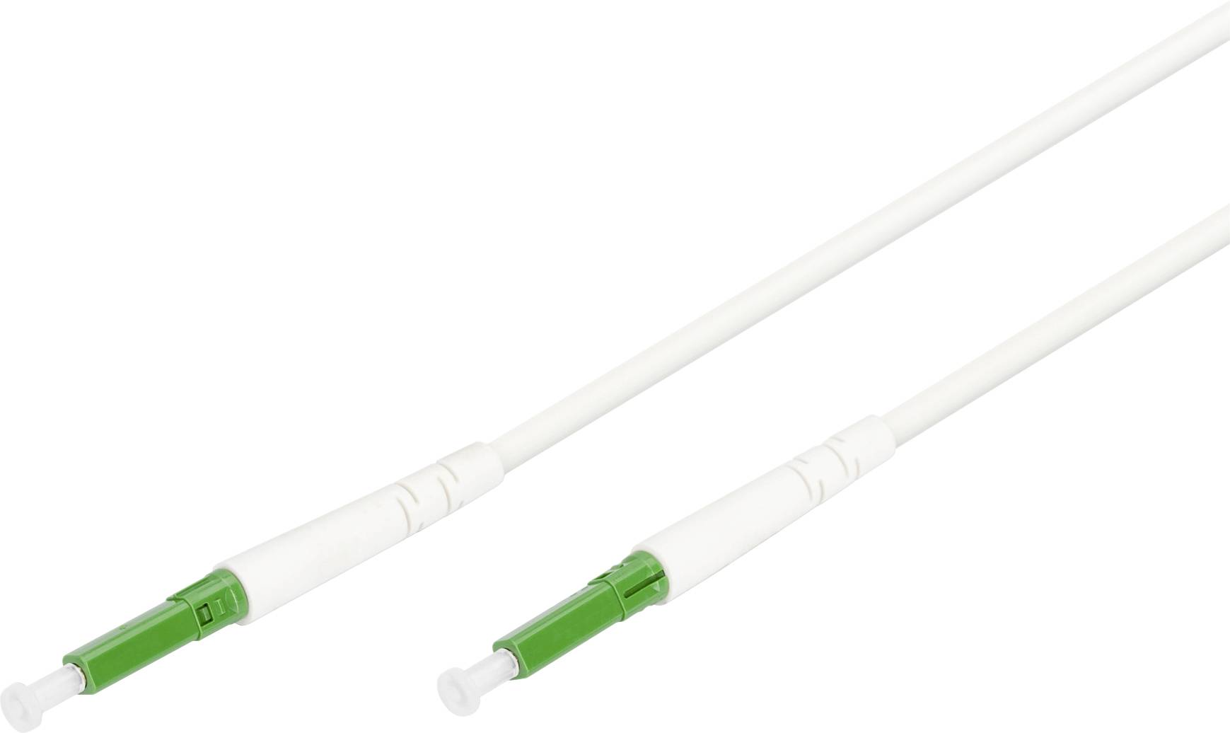Two white fiber optic cables with green connectors, shown on a white background, positioned parallel to each other.