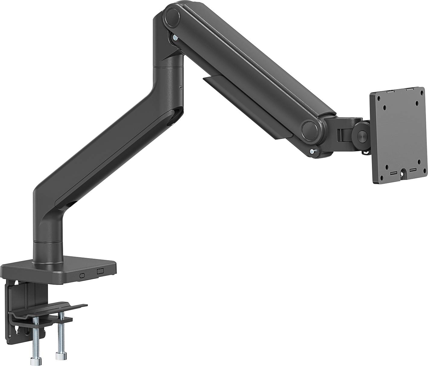 A black adjustable monitor arm with a clamp for desk mounting, featuring a flexible joint mechanism for customizable screen positioning.