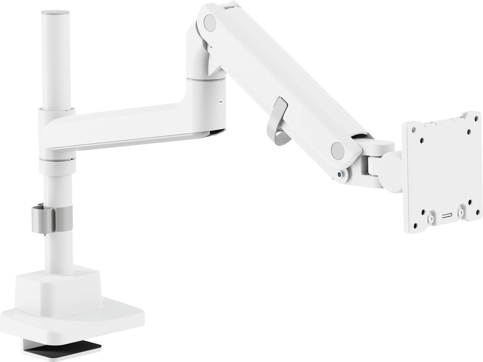 White adjustable monitor arm with a clamp base and articulated joints for flexible positioning, suitable for office desks.