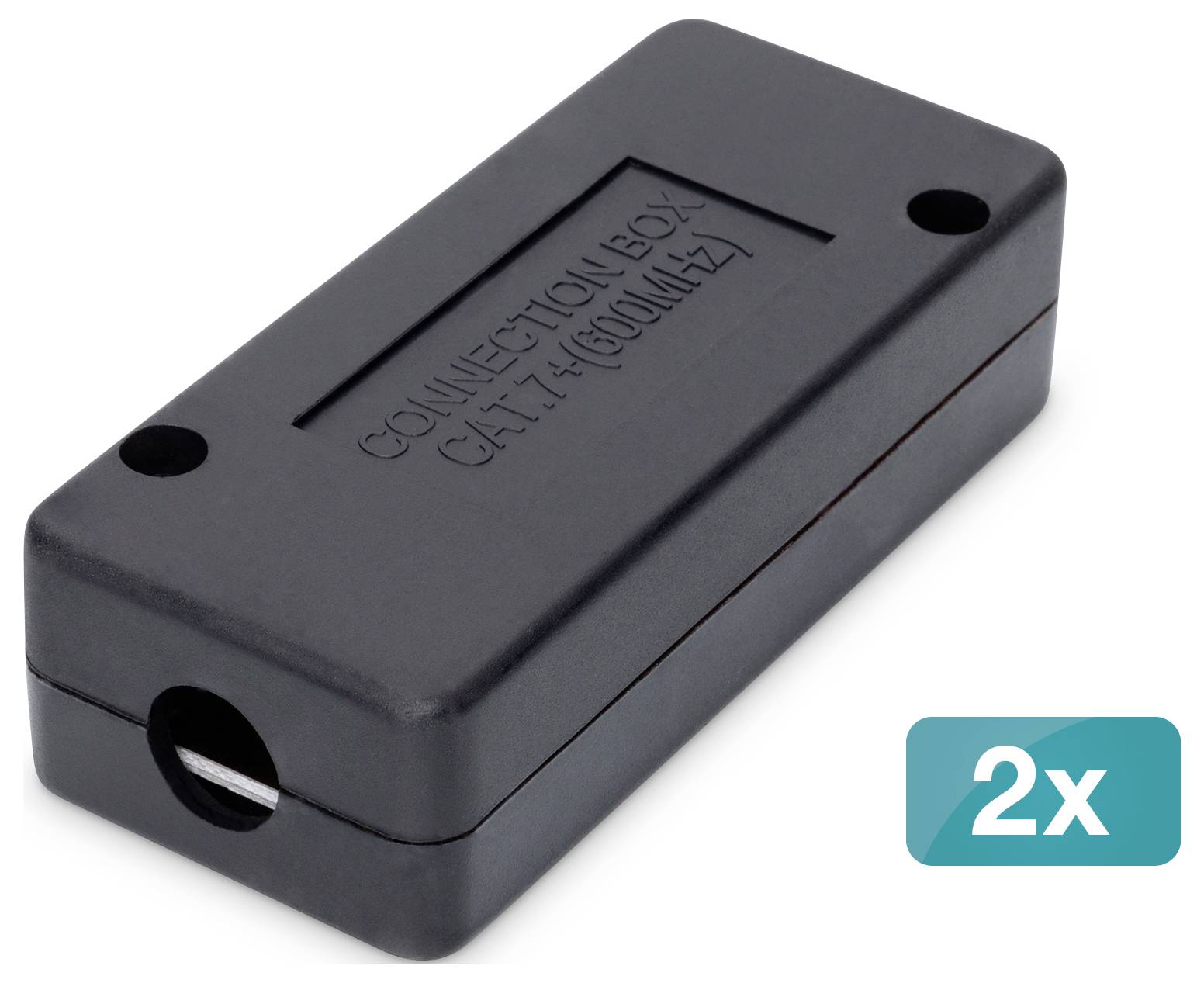 Black plastic electrical connector box with two cable holes, shown as a 2-pack.