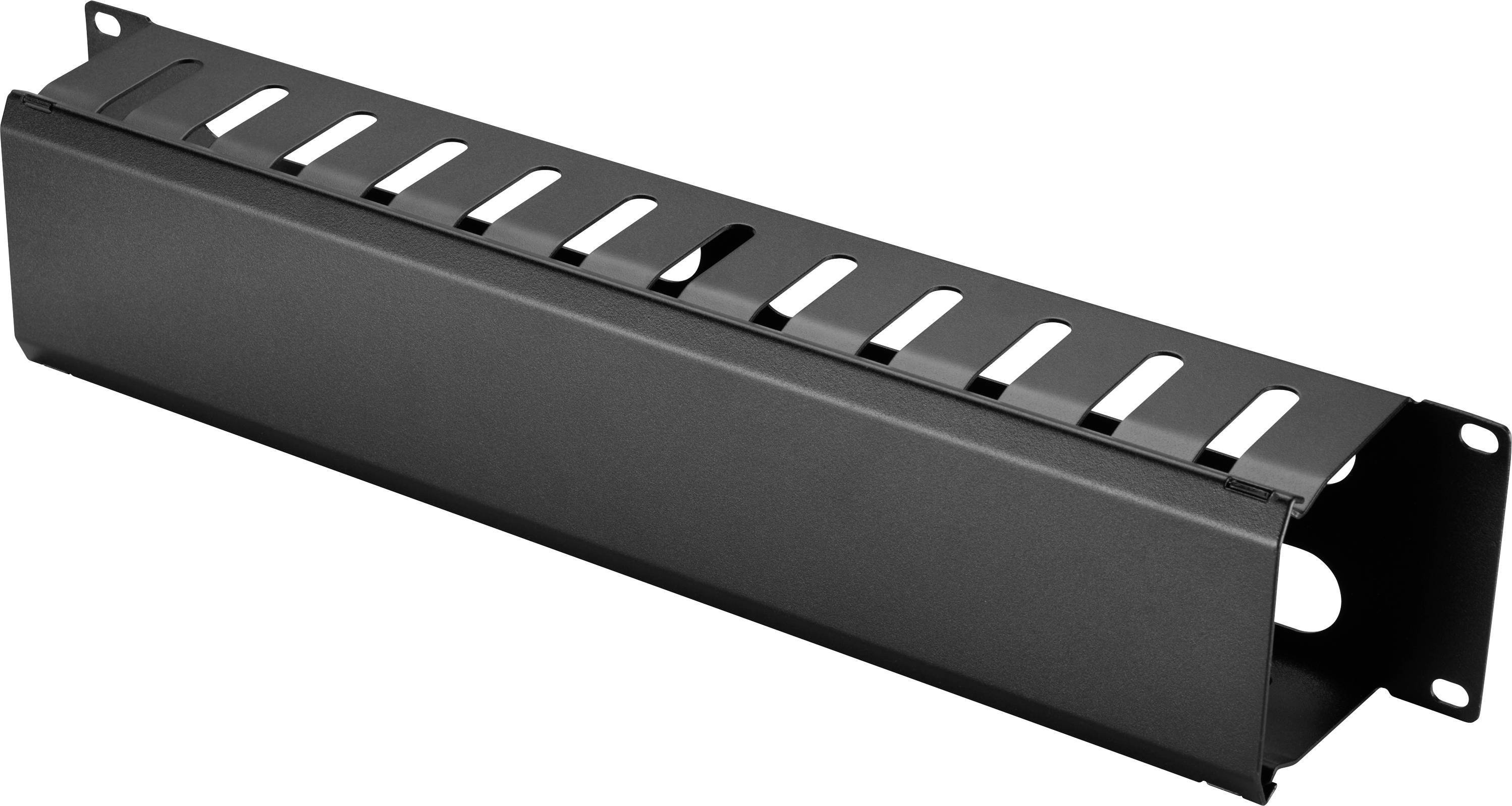 Black metal cable management tray with slotted top and mounting holes for organizing wires in a rack or desk setup