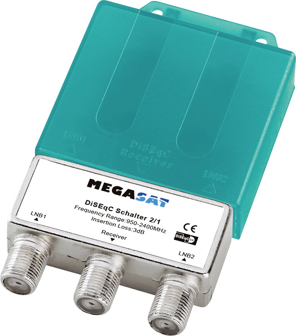 A satellite DiSEqC switch by MEGASAT with 2 inputs marked LNB1 and LNB2, 1 output labeled Receiver, operating range 950-2400MHz.