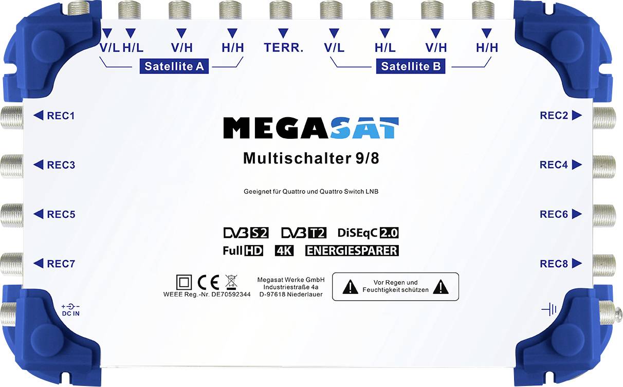 Multiswitch device labeled 'MEGASAT Multischalter 9/8', showing input and output ports for satellite signals.