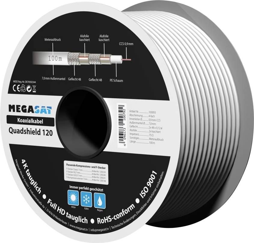 Coaxial cable spool labeled 'MEGASAT Quadshield 120'. Highlights features: 4K ready, HD compatible, RoHS conform, ISO 9001 certified.