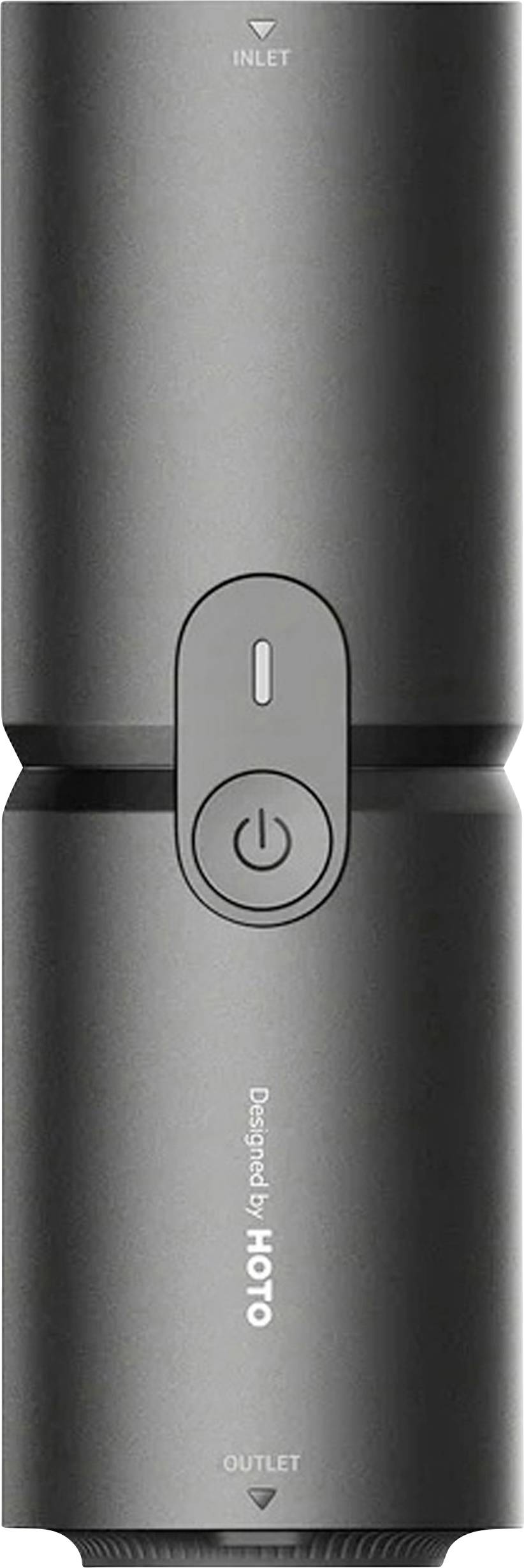 A sleek black cylindrical electronic device with a power button in the center. Labels 'INLET' and 'OUTLET' indicate airflow direction.