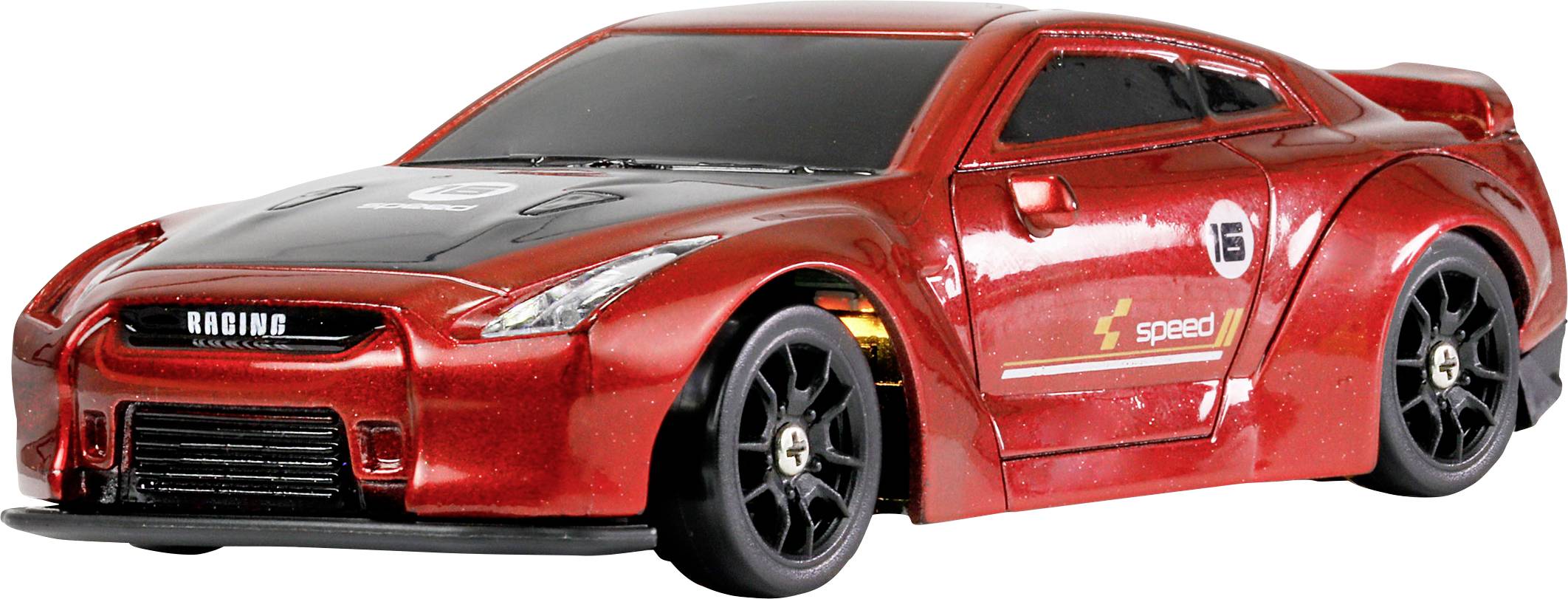 A red toy racing car with a number '15' decal on the side, black wheels, and a sleek design.