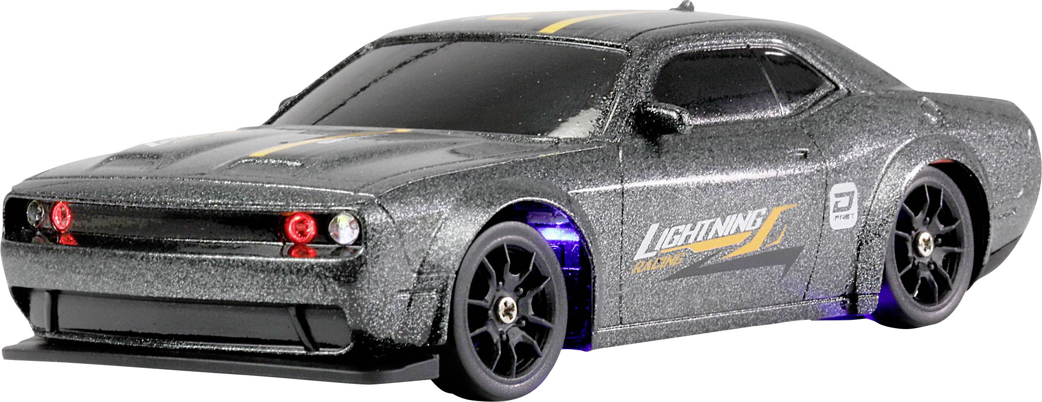 A sleek black sports car model with the word 'Lightwing' on the side, featuring red headlights and a glossy finish.