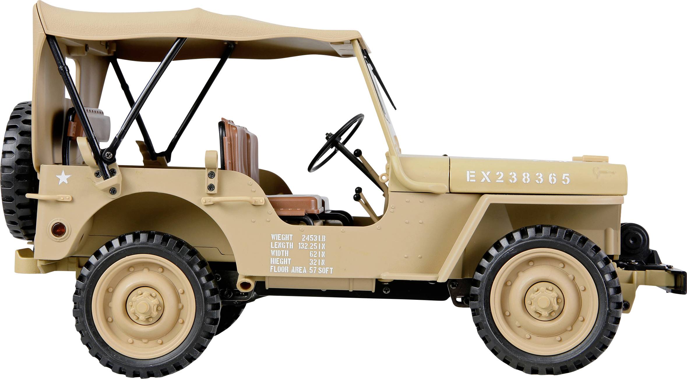 Tan toy jeep with black seats, open roof, and spare tire mounted on the back. Serial number 'EX238365' is printed on the side.