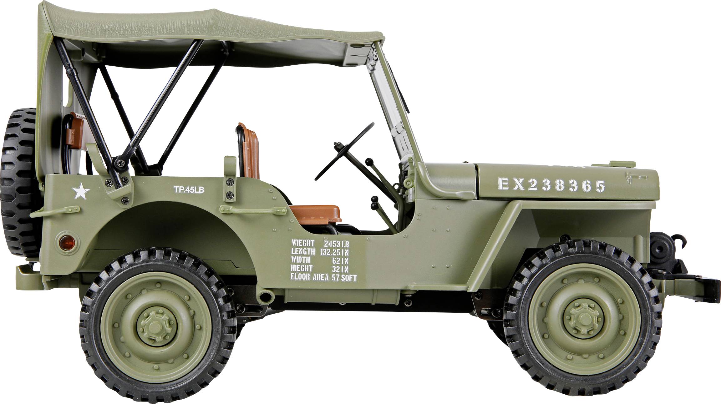 Military jeep from the side, olive green color, labeled 'EX238365', displaying weight and dimensions, spare tire mounted on back.