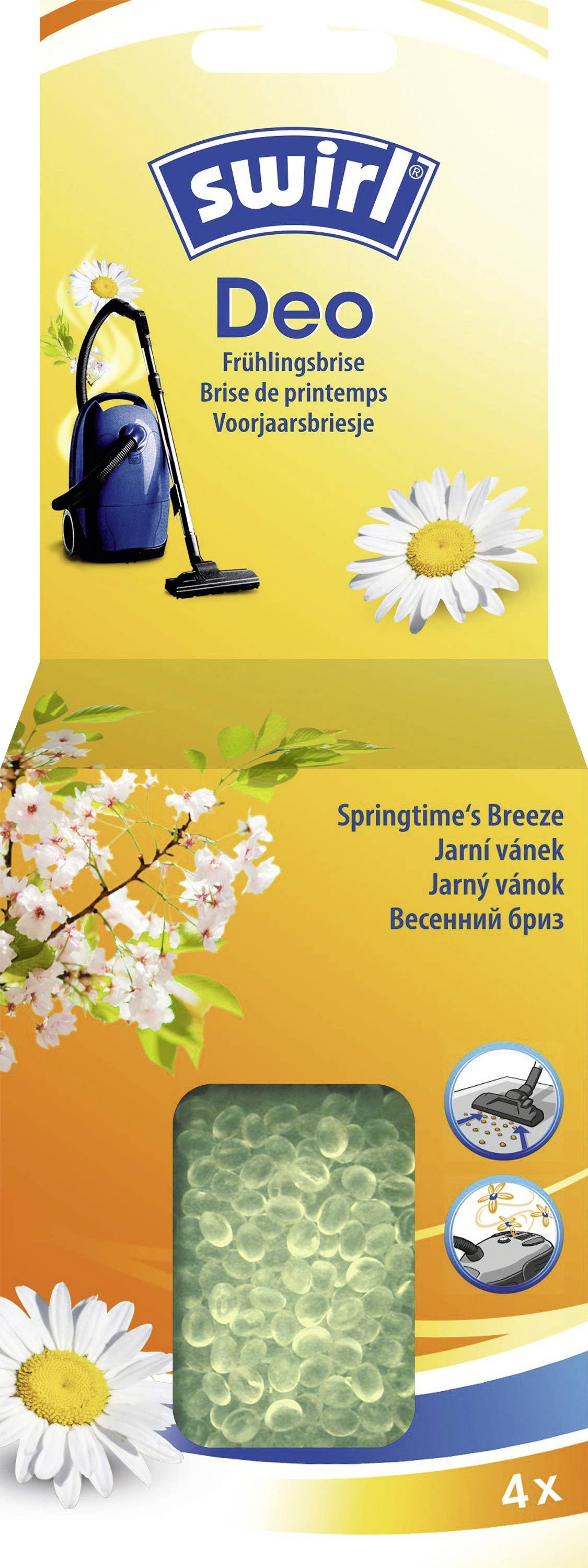 Package of vacuum cleaner deodorizer labeled 'Swirl Deo' with images of daisies, a vacuum, and text including 'Springtime's Breeze'.