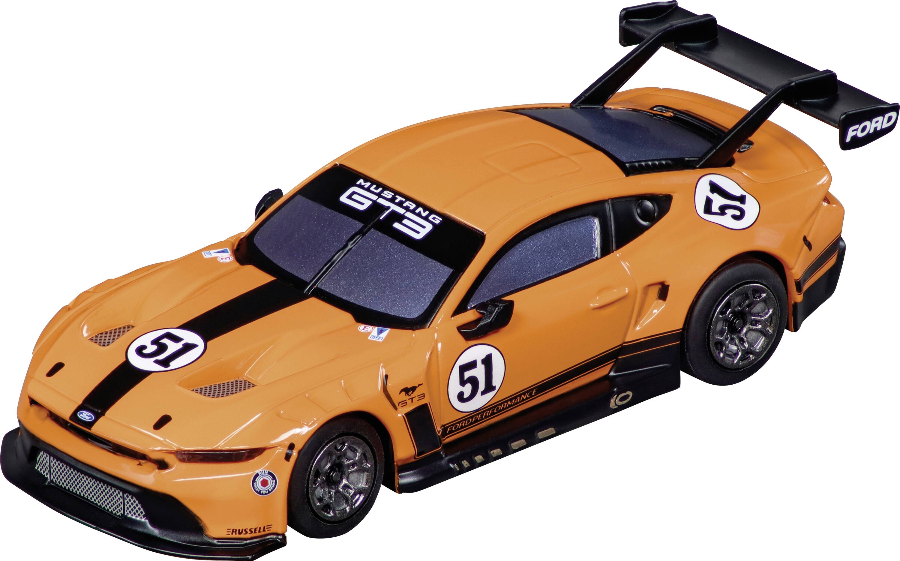 An orange Ford Mustang GT3 model car with '51' on the hood and sides, featuring a large rear spoiler and dark racing stripes.